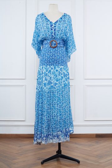 Blue smocked paisley printed dress by Hemant & Nandita